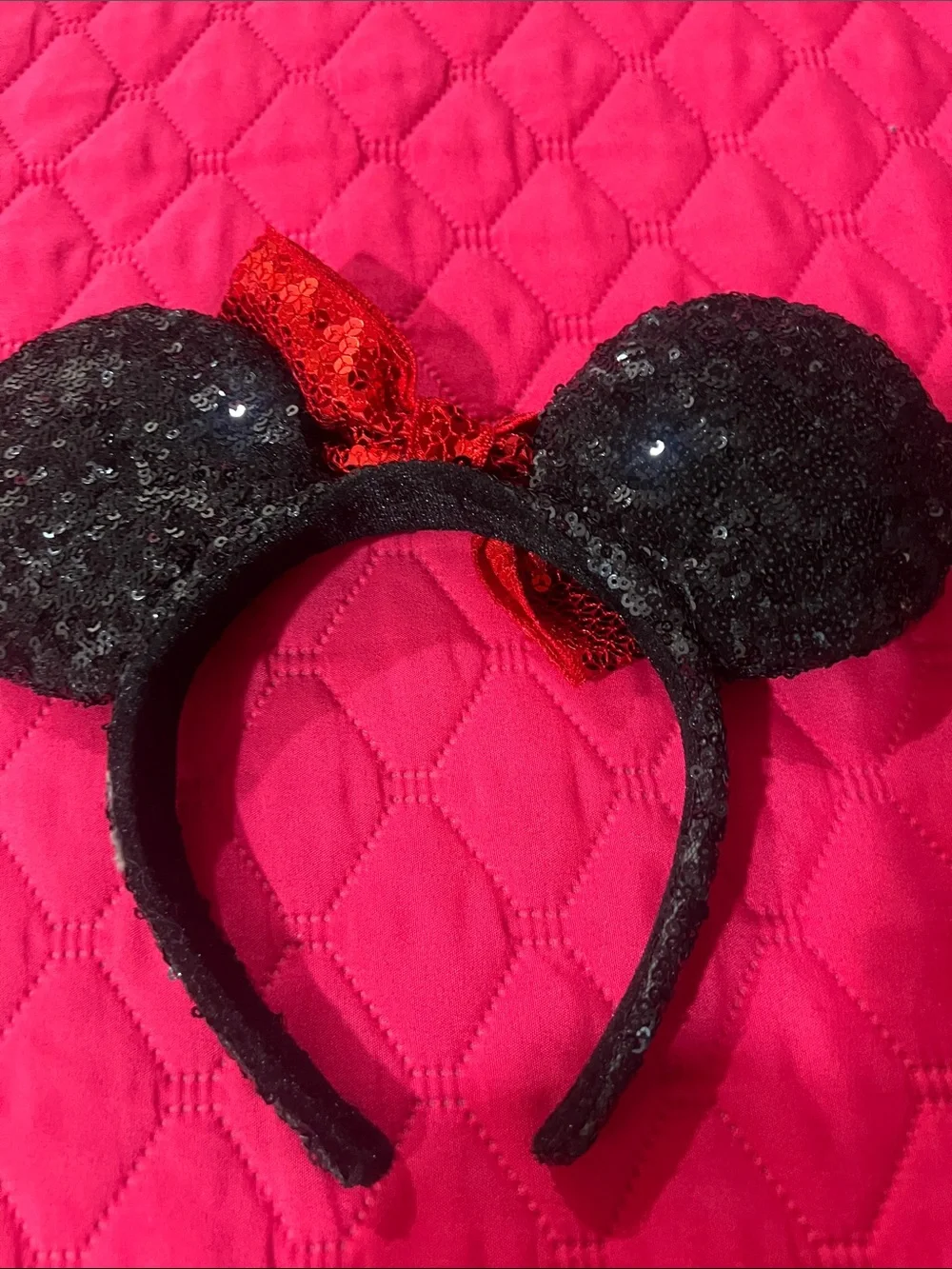 Black Sequin Mouse Ear Headband with Red Sequin Bow